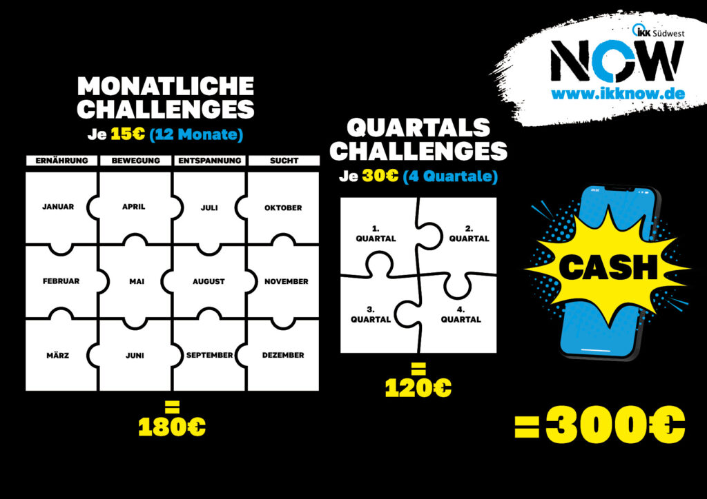 Puzzle-Grafik, welche darstellt, dass IKK NOW 12 monatliche und 4 Quartals-Challenges bietet.