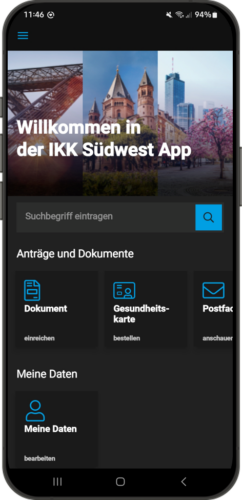 Screenshot des Hauptmenüs der IKK-Südwest-App