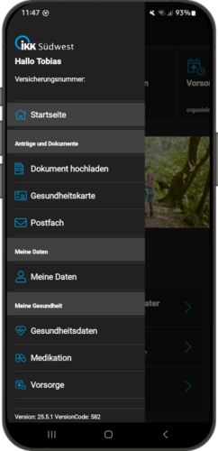 Screenshot des Menüs der IKK-Südwest-App