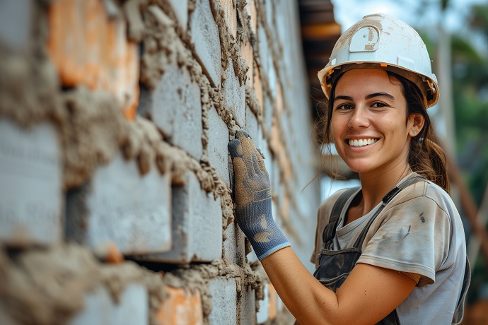 Eine junge Maurerin mit steht an einer frisch gemauerten Wand