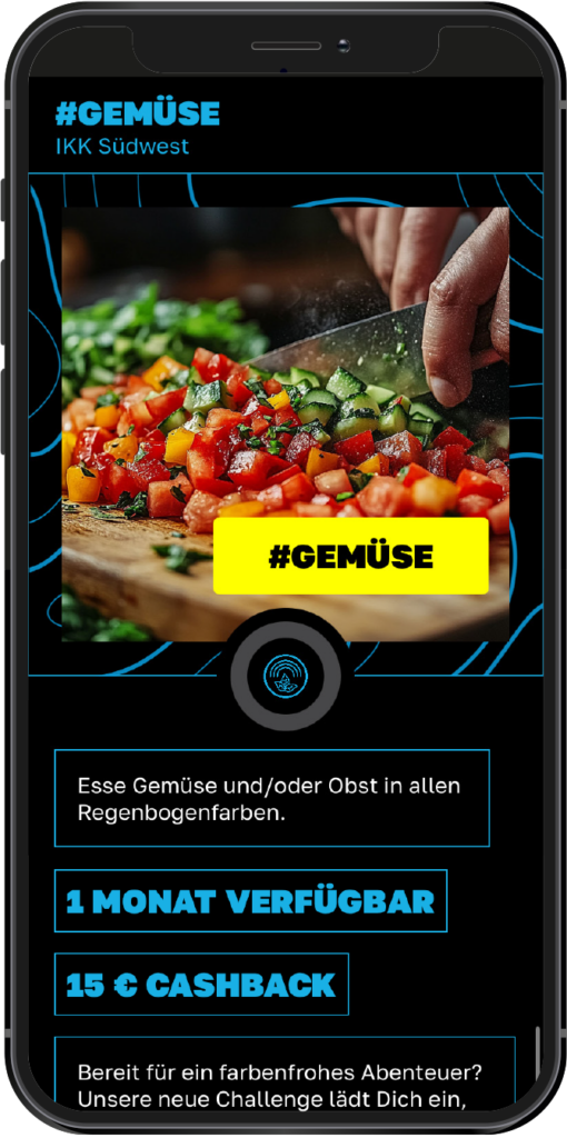 Ein Smartphone-Bildschirm zeigt buntes, geschnittenes Gemüse auf einem Schneidebrett, eine Hand, die mit einem Messer schneidet, und einen deutschen Text, der für ein Cashback-Angebot für den Verzehr von Obst und Gemüse wirbt.