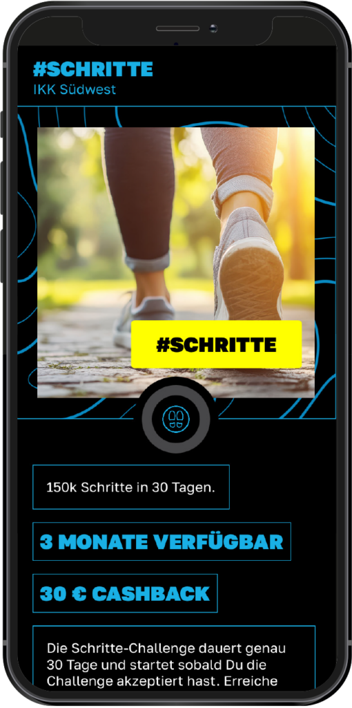 Ein Smartphone-Bildschirm zeigt eine Fitness-App-Herausforderung. Der Hintergrund zeigt eine Nahaufnahme einer Person in Sportkleidung, die draußen spazieren geht. Der Text hebt eine 30-Tage-Challenge mit 150.000 Schritten hervor und bietet 30 % Cashback für 3 Monate.
