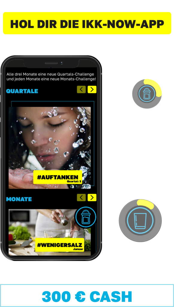 Ein Smartphone zeigt die IKK-NOW-App mit Gesundheitsaufgaben. Der Text hebt Vorteile wie Spaß, Fitness, Gesundheit und Entspannung hervor und bietet die Chance, 300 € in bar zu gewinnen. Der Hintergrund ist schwarz mit gelben und blauen Akzenten.