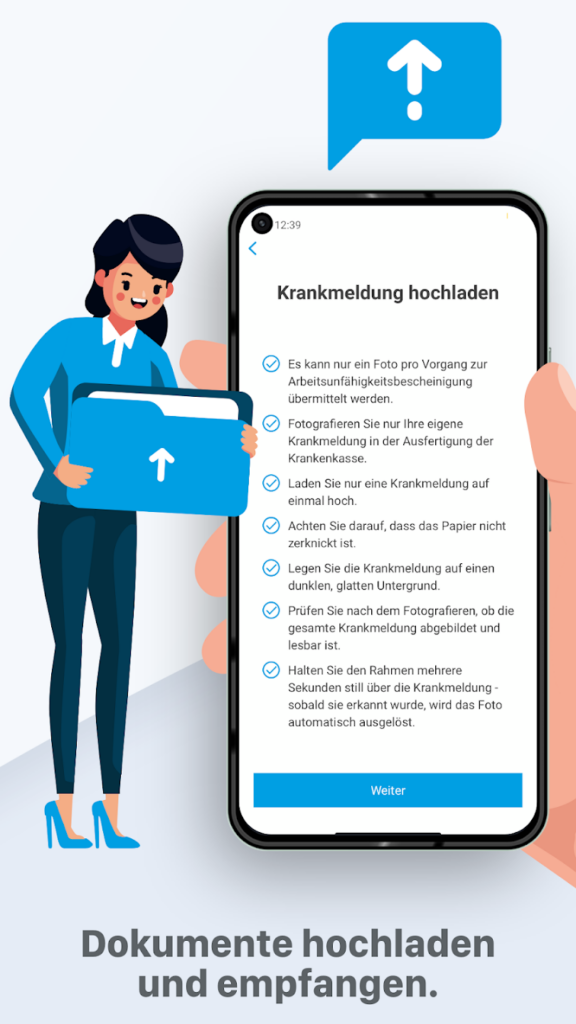 Eine Frau hält ein großes Dokument in der Hand, während eine Hand mit einem Smartphone Anweisungen auf Deutsch zum Hochladen einer Krankmeldung anzeigt. Darunter erscheinen ein Upload-Symbol und der Text Dokumente hochladen und empfangen.