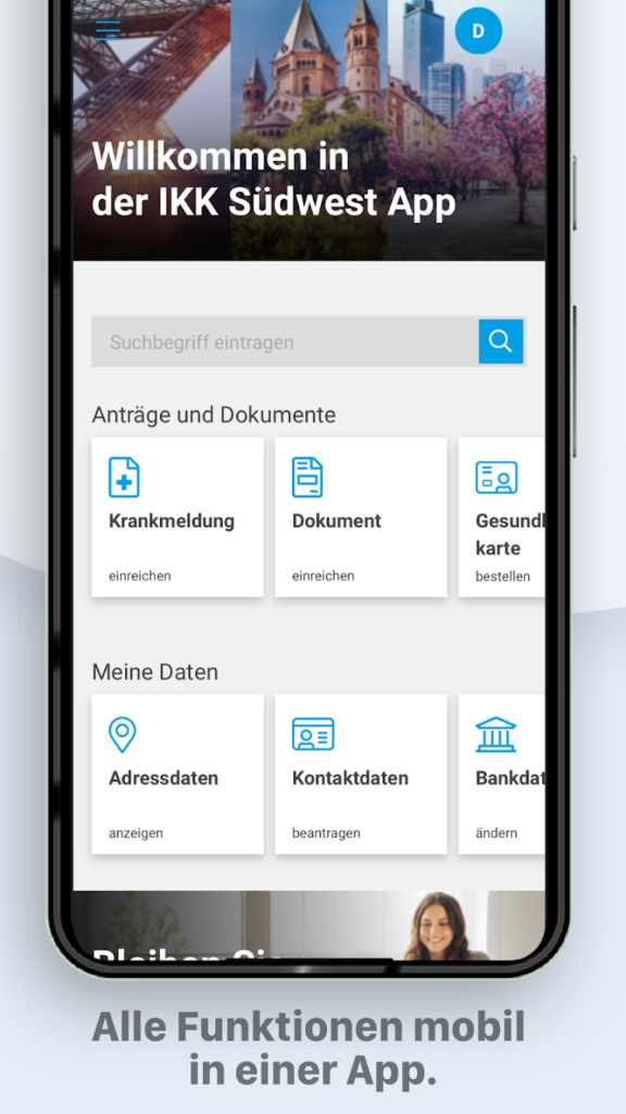 Smartphone-Bildschirm mit der Startseite der IKK Südwest-App in deutscher Sprache, mit Suchleiste und Icons für Funktionen wie Krankschreibung, Dokumente, Gesundheitskarte, Adresse, Kontakt und Bankdatenverwaltung.