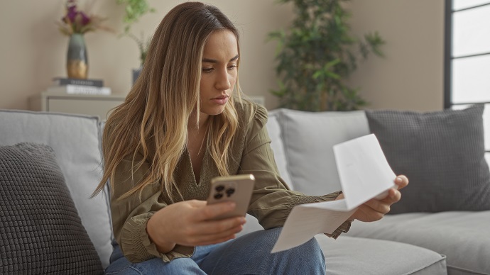 Eine junge Frau sitzt auf dem Sofa. In der einen Hand hält sie ein Schreiben in der Hand und in der anderen Hand ein Smartphone.