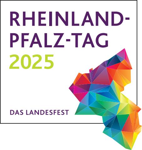 Logo für Rheinland-Pfalz-Tag 2025 mit bunter geometrischer Karte von Rheinland-Pfalz und Text Rheinland-Pfalz-Tag 2025 und Das Landesfest auf weißem Hintergrund.
