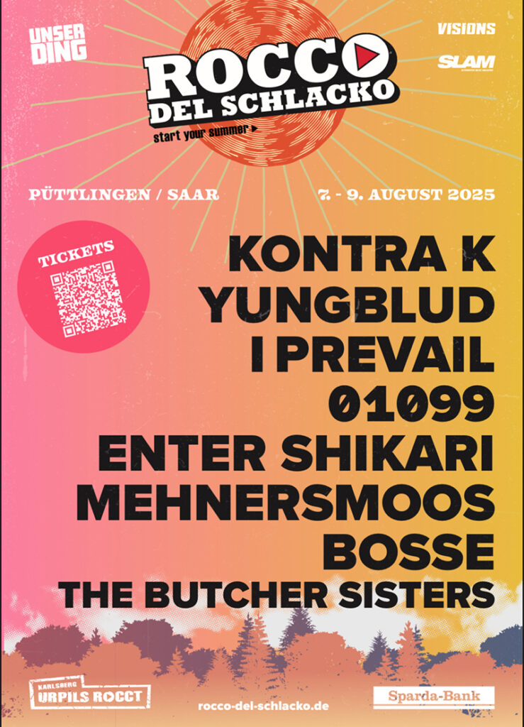 Plakat für das Musikfestival Rocco del Schlacko vom 7. bis 9. August 2025 in Püttlingen, Saar, mit Künstlern wie Kontra K, Yungblud, I Prevail, 01099, Enter Shikari, Mehnertmoos, Bosse und The Butcher Sisters.