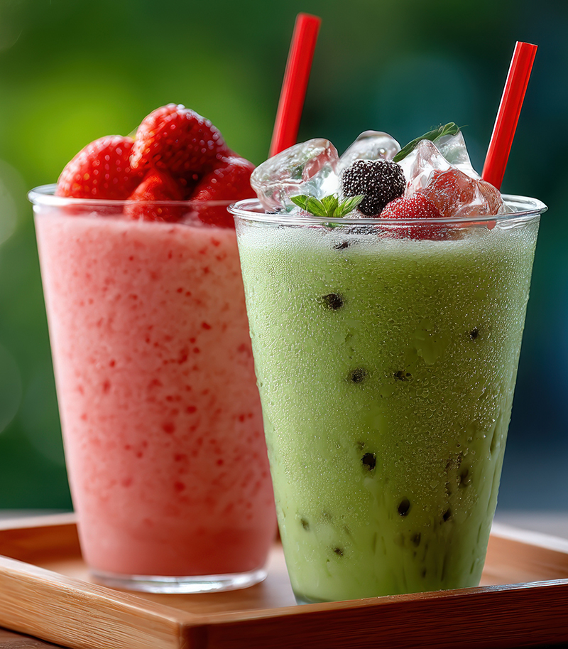 Zwei erfrischende Getränke auf einem Holztablett: eines ist ein rosa Erdbeer-Smoothie mit ganzen Erdbeeren, das andere ist ein grünes Eisgetränk mit sichtbaren Eiswürfeln, Minze und Beeren, beide mit roten Strohhalmen.