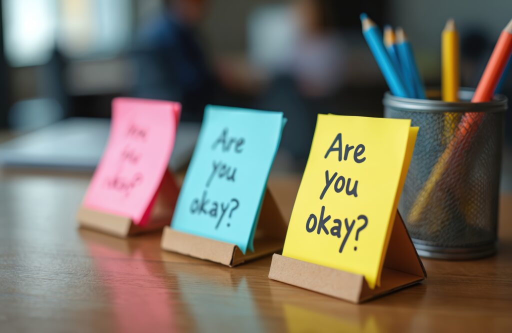 Drei bunte Haftnotizen in kleinen Ständern auf einem Schreibtisch zeigen die Botschaft "Are you okay?". Daneben ein Gefäß mit Bleistiften.