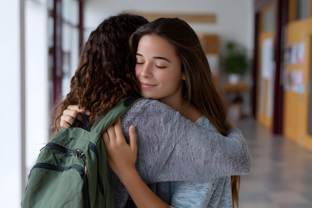 Zwei junge Frauen umarmen sich in einem Hausflur. Die eine hat langes braunes Haar und einen zufriedenen Gesichtsausdruck, während die andere lockiges Haar hat und einen grünen Rucksack trägt. Der Hintergrund ist leicht unscharf, was auf eine Schule oder ein College hindeutet.