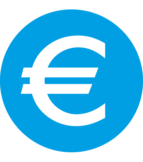 Ein weißes Euro-Währungssymbol (€), zentriert auf einem hellblauen, kreisförmigen Hintergrund.