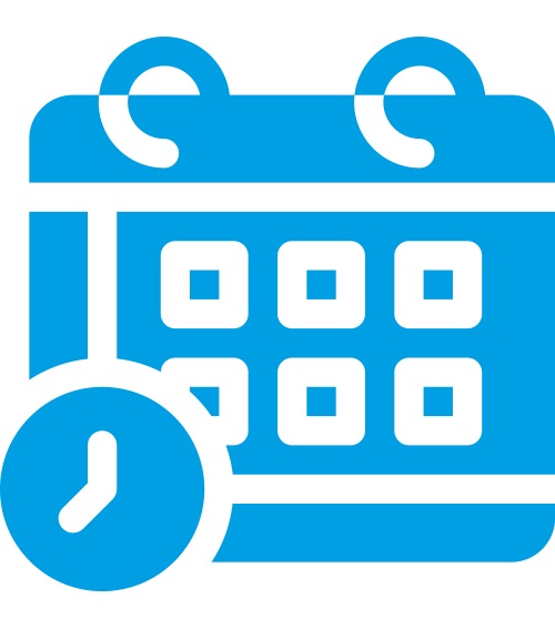 Ein blaues Kalendersymbol mit sechs Quadraten, die für die Tage stehen, und einer Uhr in der unteren linken Ecke, die eine Terminplanung oder einen Termin symbolisiert.