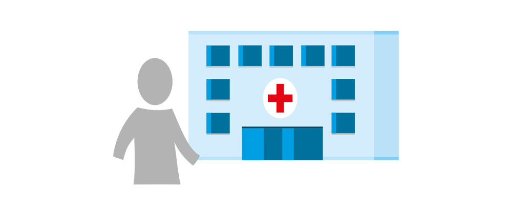 Eine einfache Illustration einer Person, die neben einem Krankenhausgebäude mit einem roten Kreuzsymbol über dem Eingang steht.