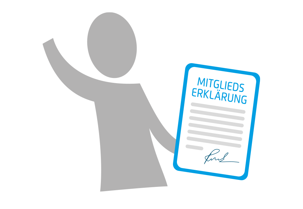 Eine graue Figur hebt einen Arm und hält ein Dokument mit der Aufschrift Mitgliedserklärung mit Text und Unterschrift vor einem hellen Hintergrund.