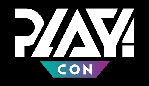 PLAY! CON-Logo mit fetten, stilisierten weißen Buchstaben auf schwarzem Hintergrund. Darunter steht "CON" in weißer Schrift auf einem Banner mit blauem bis violettem Farbverlauf.