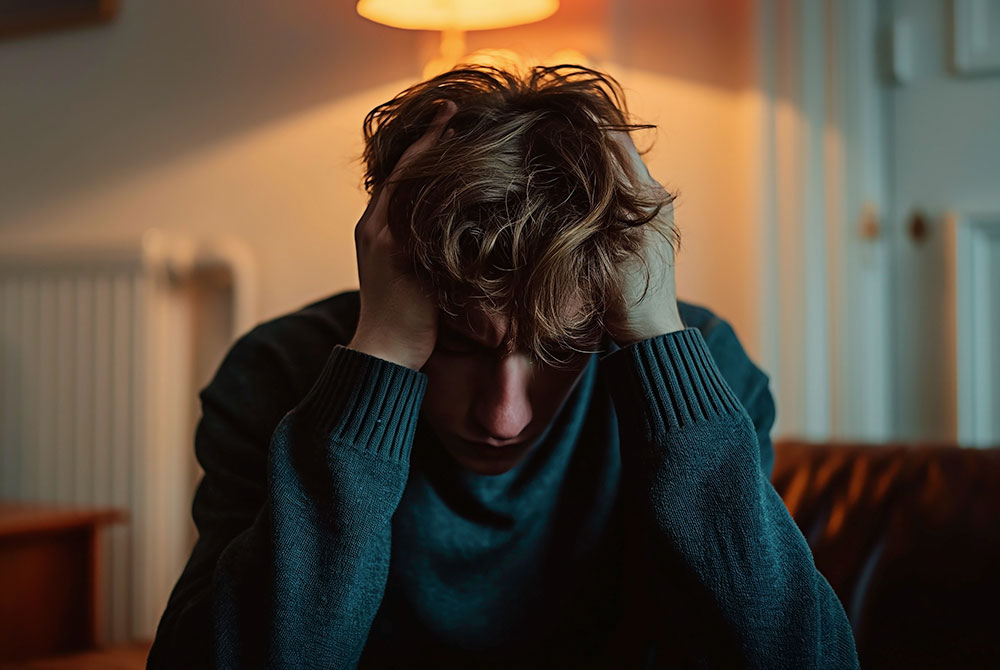 Eine Person mit unordentlichem Haar sitzt drinnen auf einer Couch, den Kopf gesenkt und die Hände über dem Gesicht, sie wirkt gestresst oder aufgebracht. Das warme Licht einer Lampe leuchtet im Hintergrund und erzeugt eine düstere Stimmung.