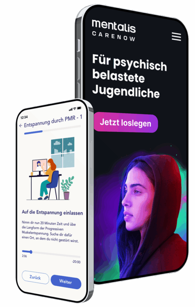 Zwei Smartphones zeigen eine App für psychische Gesundheit an. Eines zeigt eine junge Frau im Kapuzenpulli mit einem deutschen Text über Unterstützung für gestresste Jugendliche; das andere zeigt die Illustration einer Person, die sich an einem Schreibtisch entspannt, mit Anweisungen für Entspannungsübungen.