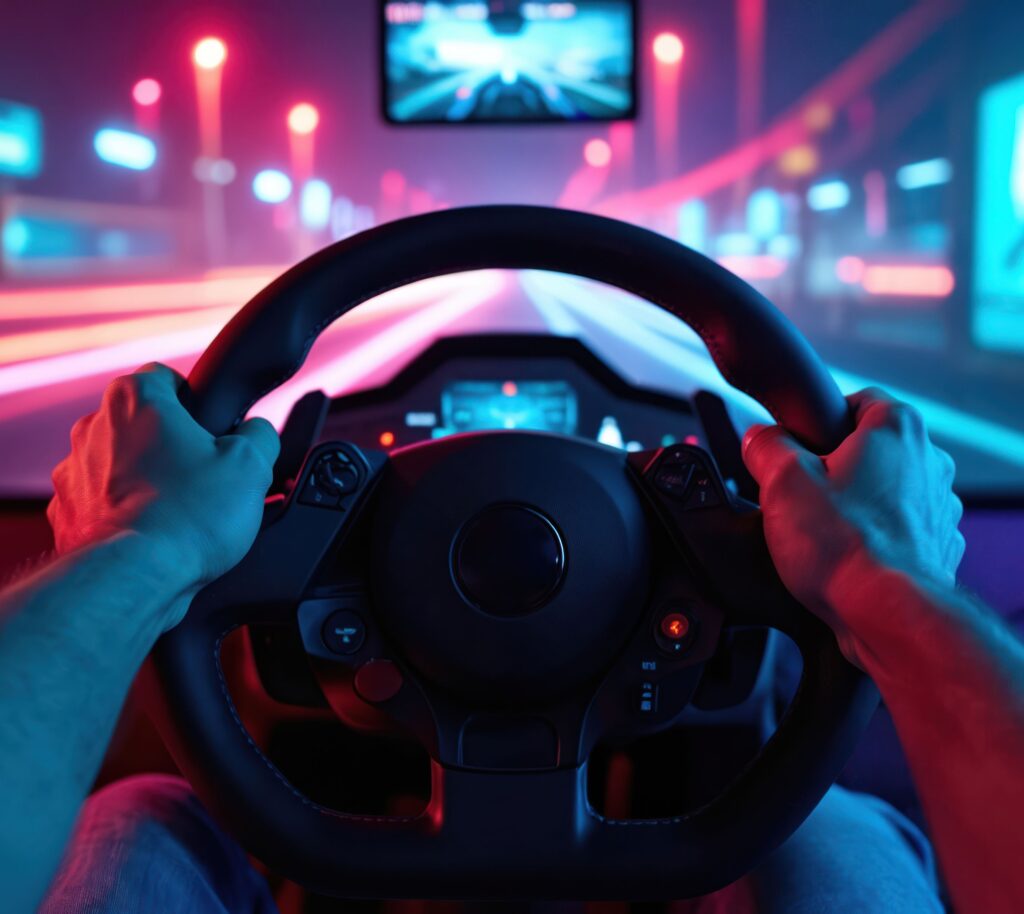 Zwei Hände halten ein Lenkrad fest. Unscharfe Konturen einer neonbeleuchteten Stadt bei Nacht. Das Armaturenbrett leuchtet mit digitalen Anzeigen, und ein Bildschirm darüber zeigt eine verschwommene Straße, die ein Gefühl von Geschwindigkeit und Bewegung vermittelt.
