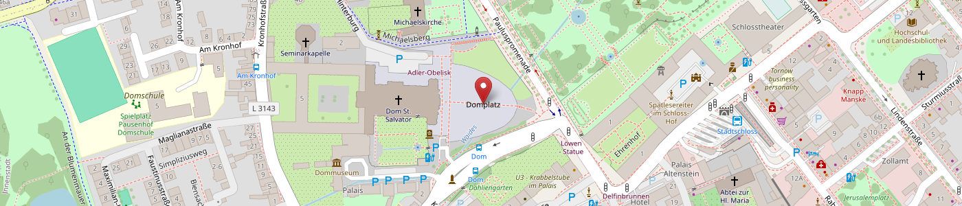 Eine digitale Karte zeigt die Umgebung des Domplatzes in Münster, Deutschland, mit Straßen, Sehenswürdigkeiten und Grünflächen, wobei der Domplatz in der Nähe des Münsters markiert ist.