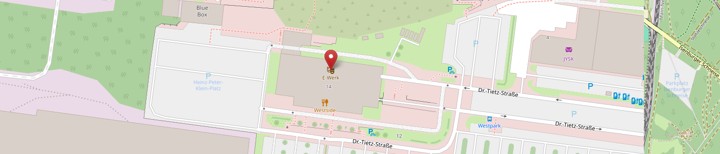Eine digitale Karte zeigt die Lage des E-Center in der Dr. Otto-Pelka-Str. 14, markiert mit einer roten Stecknadel. In der Nähe befinden sich Parkplätze, Grünflächen und umliegende Straßen.