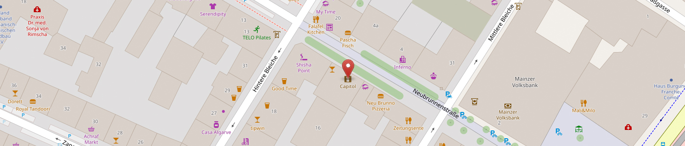 Karte von Mainz entlang der Neubrunnenstraße mit einem Pin auf dem Capitol; Symbole in der Nähe kennzeichnen Banken, Gastronomiebetriebe und Einkaufsmöglichkeiten.