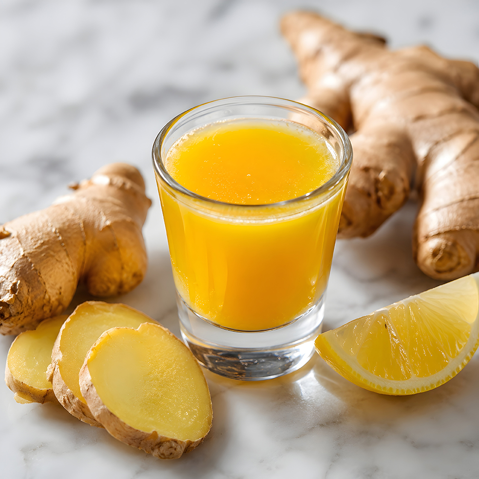 Ein mit gelbem Saft gefülltes Schnapsglas steht auf einer Marmorplatte, umgeben von frischen Ingwerwurzeln, Ingwerscheiben und einer Zitronenscheibe.